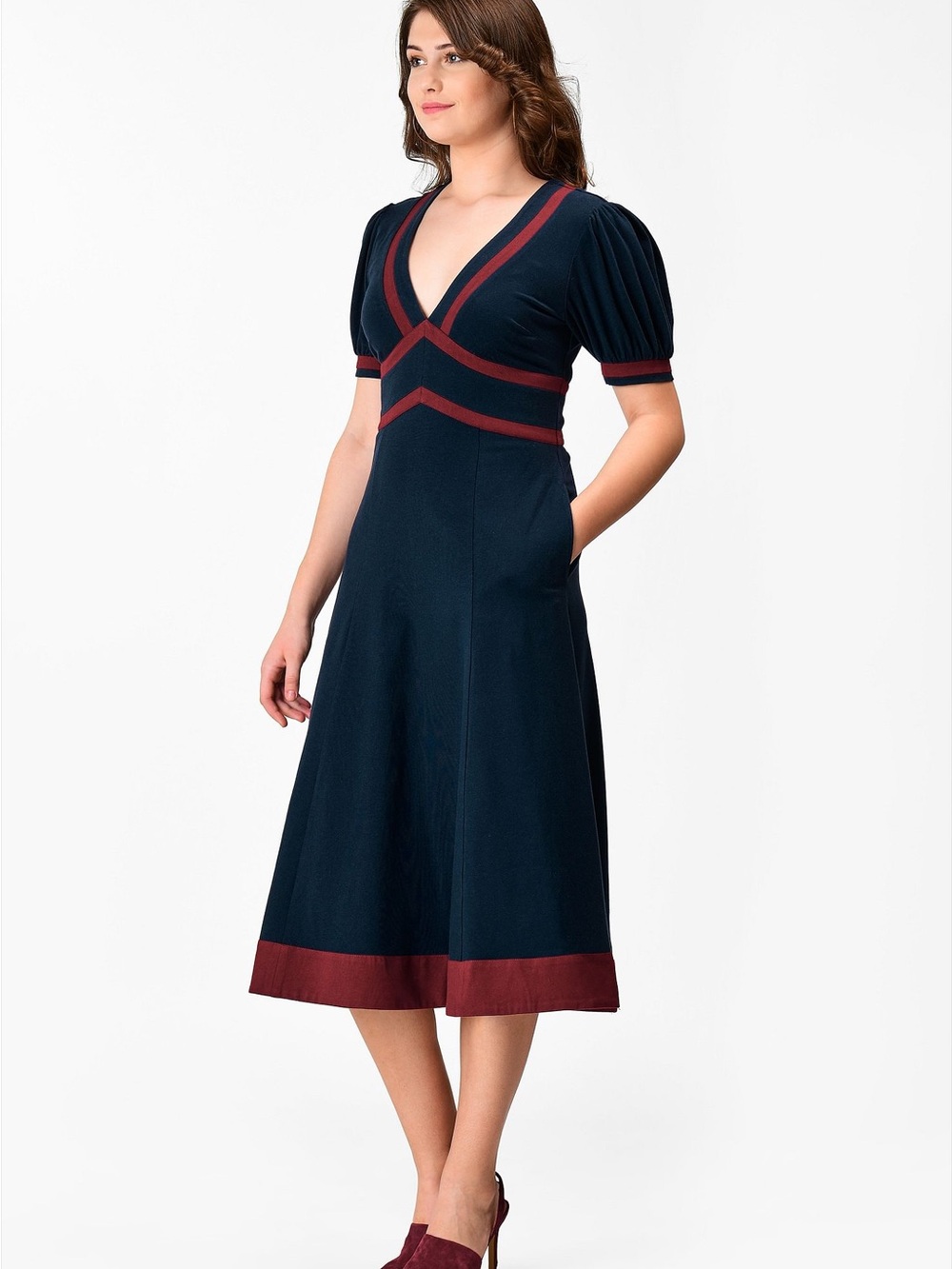 eshakti Navy Midi Dress with Burgundy Trim
